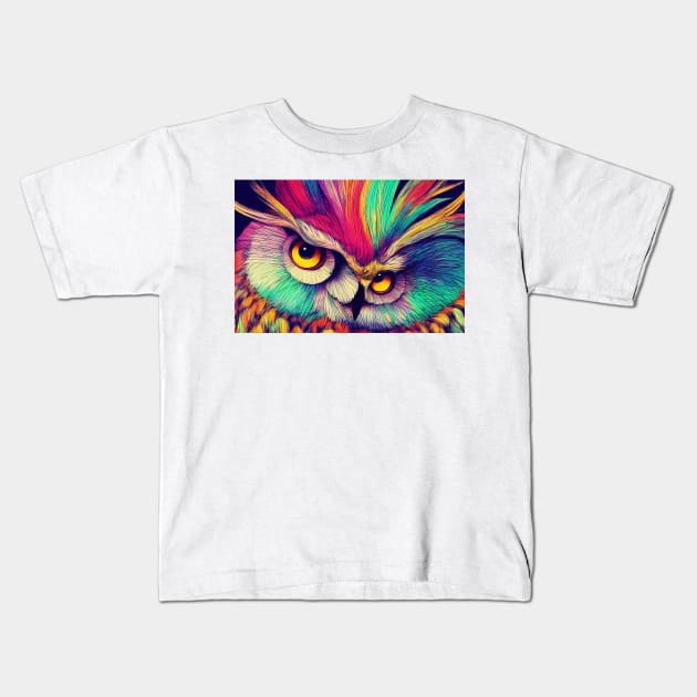 Colorful Abstract Owl Portrait Illustration - Bright Vibrant Colors Bohemian Style Feathers Psychedelic Bird Animal Rainbow Colored Art Kids T-Shirt by JensenArtCo